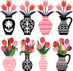 Elegant Tulip Arrangement Vectors A Collection of Decorative Vases with Floral Bouquets for Graphic Design Projects and Spring-Themed Illustrations on Transparent