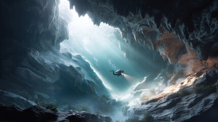 Diver Exploring Stunning Underwater Cave with Beautiful Light Effects