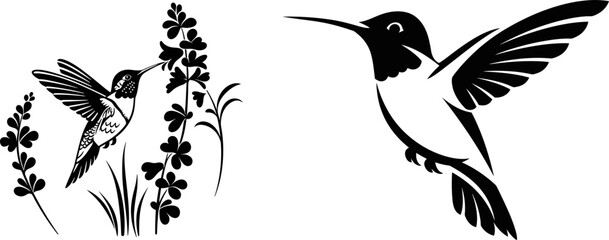Two hummingbirds with flowers in black and white silhouette