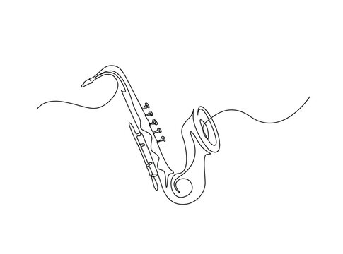 Naklejki Saxophone music instrument in single outline illustration. Continuous line art drawing of saxophone.