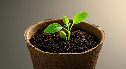 Naklejka premium A seedling growing in a brown pot filled with dark soil and green leaves