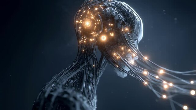 With its glowing wires and circuitry the AI entity appears almost alive as it hungrily consumes endless streams of data 2d flat cartoon