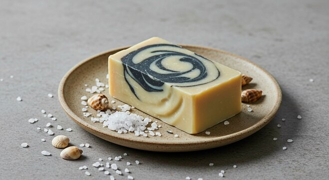 A bar of swirled soap on a plate with shells and salt crystals around it
