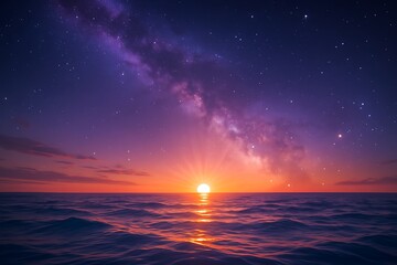 A scenic view of the ocean at sunset with a vibrant sky full of stars and milky way clouds