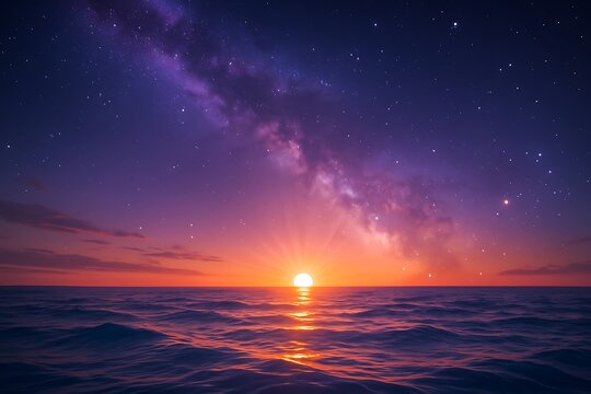 A scenic view of the ocean at sunset with a vibrant sky full of stars and milky way clouds - Powered by Adobe