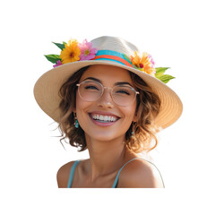 Happy Woman in Straw Hat with Flowers and Glasses