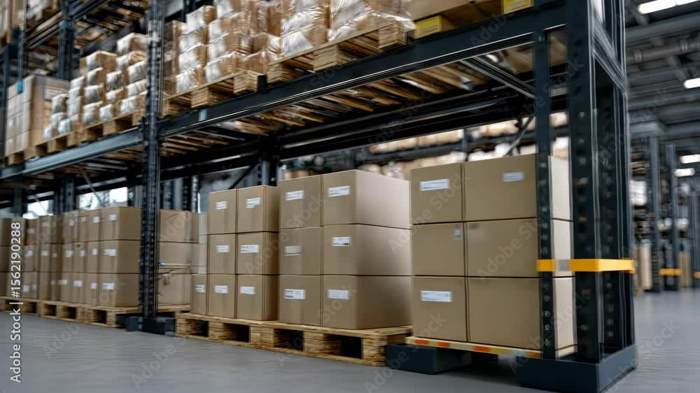 Poster workers sort and organize large cardboard boxes in a spacious warehouse located in an urban area dur