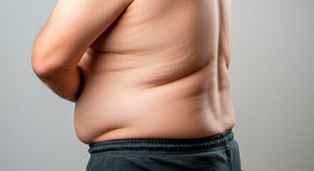 Side view of a person with excess skin around the waist and back area shown