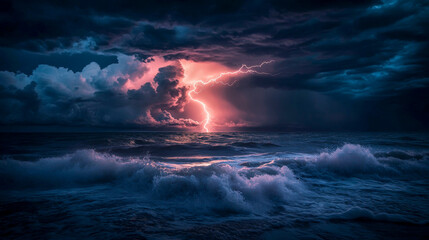 Fototapeta premium A striking lightning bolt crashes down into the ocean, illuminating the dark waters. Violent waves surge as storm clouds swirl ominously above, creating a breathtaking display of nature's fury