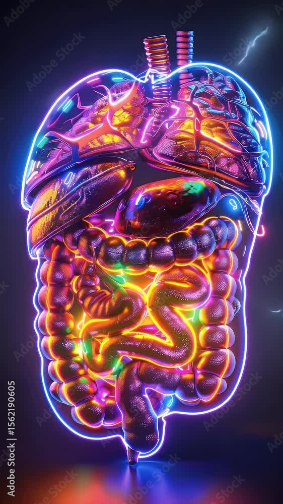 Poster abstract illuminated generic internal organs rendered with vibrant neon colors on a dark background.
