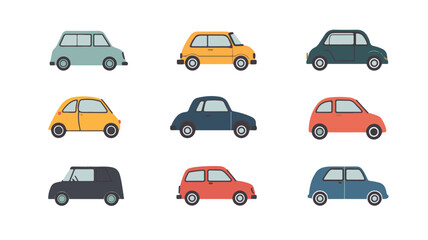 Collection of colorful vintage cars parked side by side on a bright blue background showcasing different designs and styles vector design. colorful cars in variants color vector design.