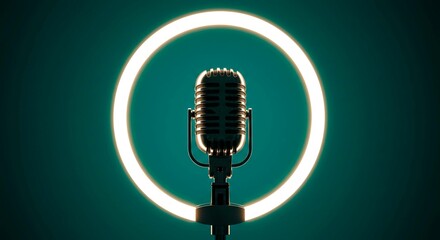 A vintage microphone stands illuminated by a circular light on teal backdrop