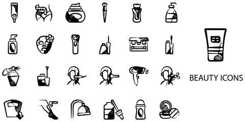 Beauty simple concept 24 hand drawn Black and White icons set .Vector illustration.