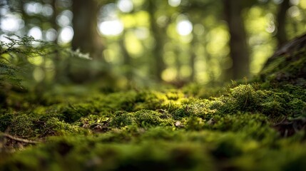 The vibrant moss covering the forest floor under dappled sunlight.