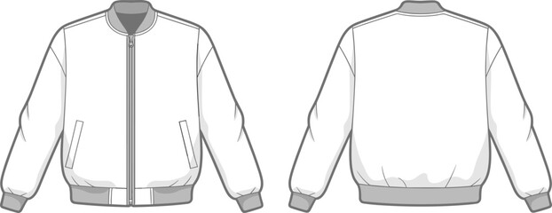 Front and back technical sketch of bomber jacket with ribbed cuffs, zip closure, pockets, long sleeves, modern fashion, vector illustration