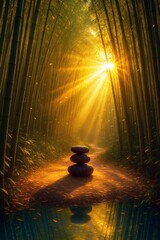 Sentiero segreto attraverso una foresta di bambù dorata illuminata da raggi di sole filtrati con particelle dorate che danzano nell'aria mattutina
