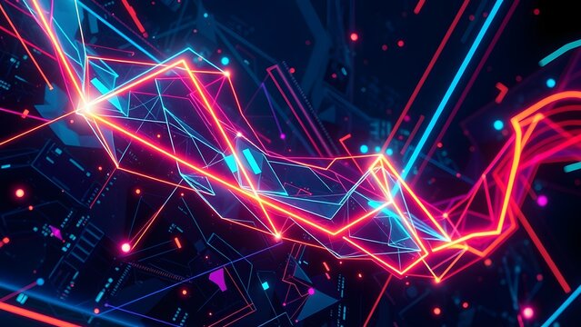 Neon Triangular Lines and Light Paths in a Futuristic Tech Background