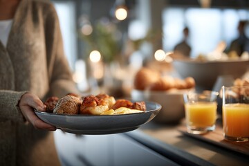Delicious breakfast spread at a cozy gathering with fresh pastries and orange juice in a modern kitchen setting