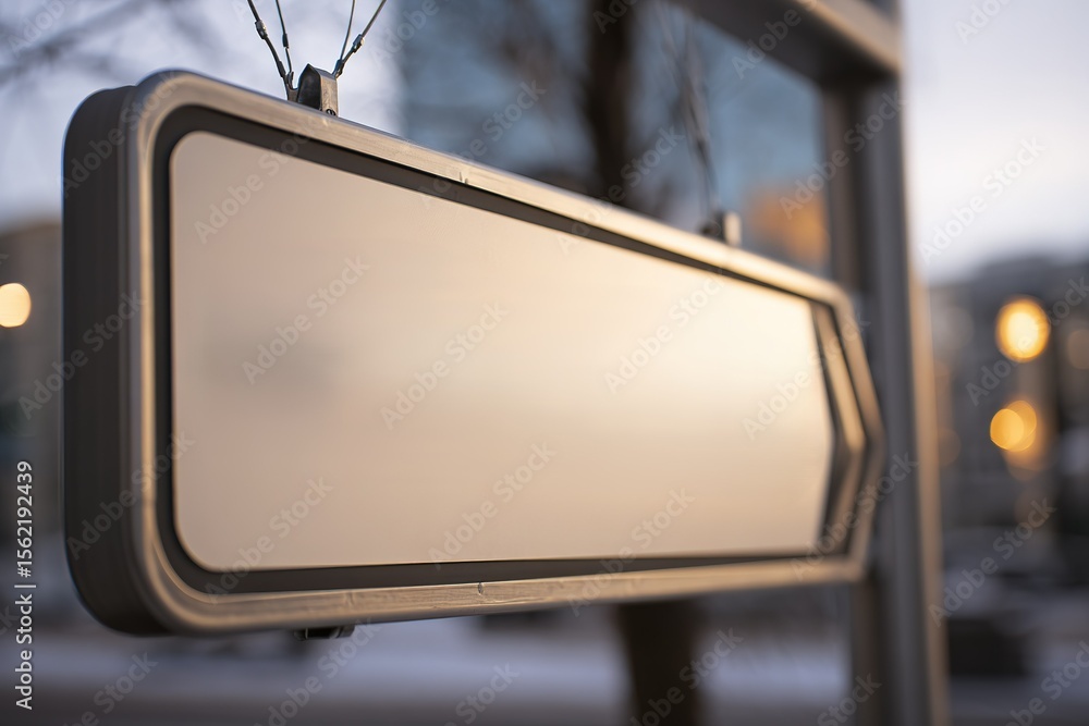 Poster blank sign hanging from a metal frame during twilight in an urban setting with soft lighting and a b