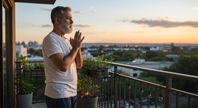 Contemplative man with hands clasped on balcony at sunset, city skyline view - Powered by Adobe