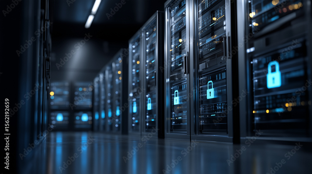 Aufkleber cybersecurity and data protection: a secure data center with glowing blue padlock icons on the serve