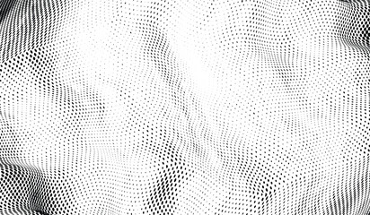 Abstract halftone vector background with warped dots in black and white. Flowing wavy distortion pattern grunge texture dotted texture.