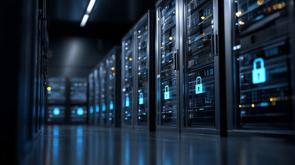 Cybersecurity and Data Protection: A secure data center with glowing blue padlock icons on the server racks, symbolizing network security.