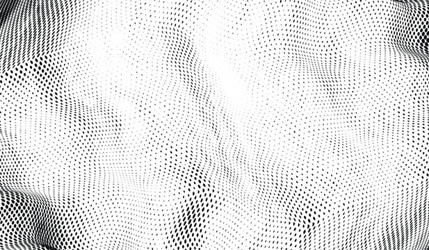 Abstract halftone vector background with warped dots in black and white. Flowing wavy distortion pattern grunge texture dotted texture.