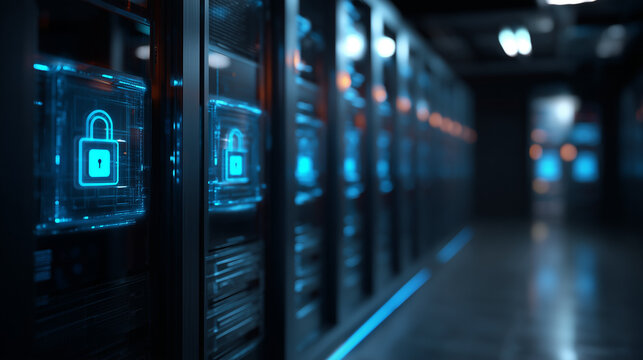 Secure Server Farm: A futuristic data center hallway with digital locks on the servers, representing data encryption and protection.