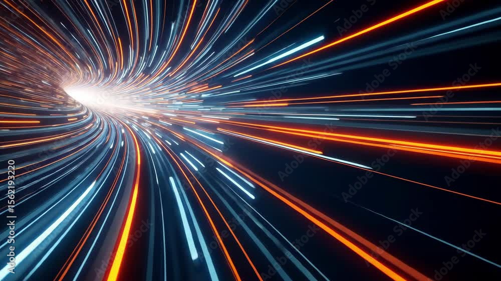 Poster dynamic light burst streaking through a space-time vortex in a futuristic sci-fi style with striking