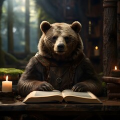 Fantasy Bear Librarian Managing Floating Books in Magic Forest