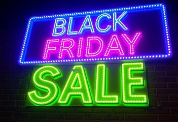 Neon Black Friday sale signboard glowing brightly at night,  lights,  bright