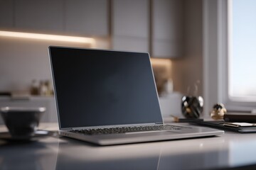 Modern workspace setup in a bright kitchen featuring a sleek laptop and minimalistic decor