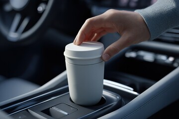 Coffee cup placed in car cup holder during morning commute in a modern vehicle with sleek interior design
