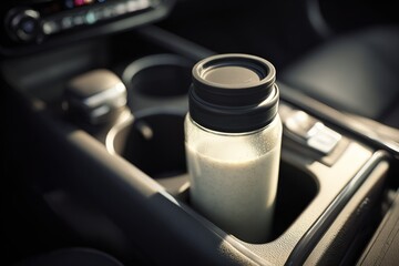 Modern car interior with a sleek thermos containing a refreshing beverage in the cup holder during a sunny day