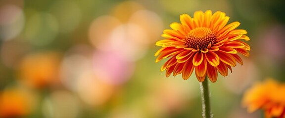Rainbow bokeh circles softly blur behind a vibrant wildflower macro, ethereal, element