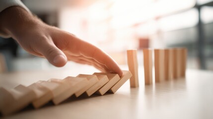 The Hand Preparing to Tip Dominoes Representing Strategic Decisions in Business