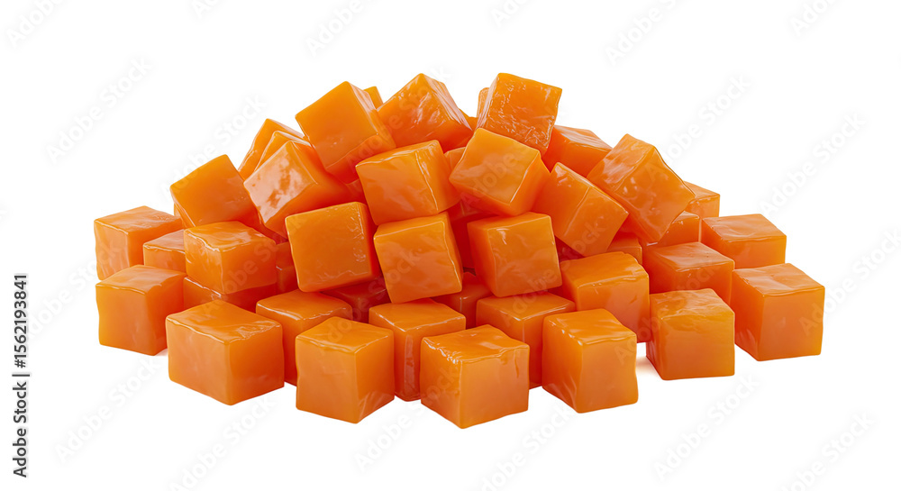 Poster pile of diced fresh mango cubes arranged in a heap on black background