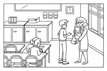 Line art coloring page of a classroom with a science experiment in progress, showing a teacher and students observing