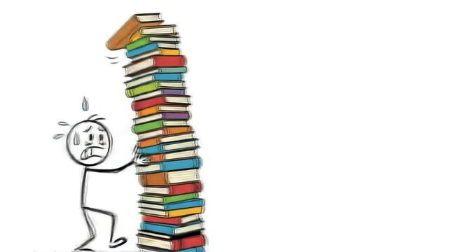 Stick figure struggling with a tall stack of books, book falling, overloaded with knowledge