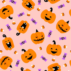 Cute Halloween pumpkin seamless pattern. Vector holiday print with orange smiling spooky pumpkins and candies on pink background. Happy Halloween print for wrapping, cover, decor, wallpaper, fabric.