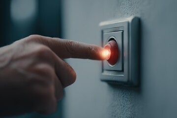 Naklejka premium Person pressing a red button on a wall switch in a dimly lit interior setting during evening hours