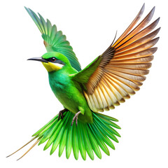 Spectacular flight of a vivid green bird captured mid-air isolated on white background