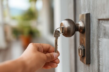 Unlocking a door with a key during daytime in a residential area