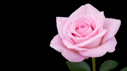 A delicate pink rose adorned with dewdrops on a dark satin background