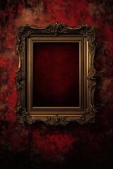 Ornate gilded frame hanging on a deep red textured wall, ready for artwork or a mirror to be placed within its elaborate details.
