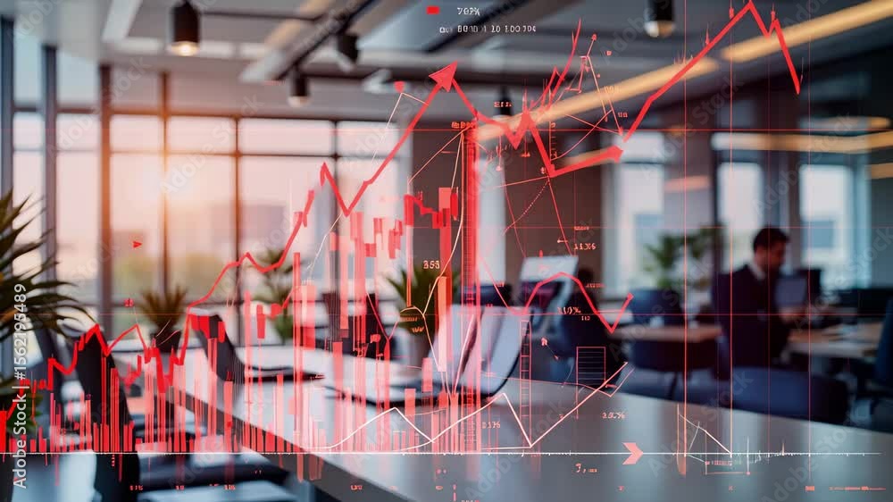 Aufkleber modern office workspace showcases financial business analytics, with upward trends on charts and gra