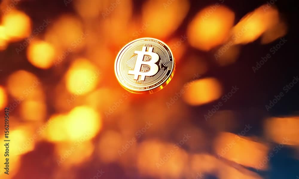 Poster a single bitcoin coin with a glowing effect floating against a bokeh background of orange circles
