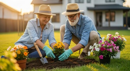 Senior Couple Gardening Together in New Home Backyard