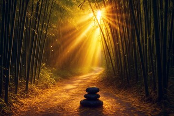 Sentiero segreto attraverso una foresta di bambù dorata illuminata da raggi di sole filtrati con particelle dorate che danzano nell'aria mattutina
